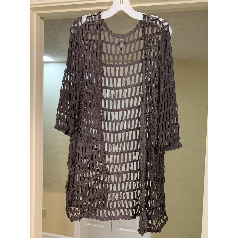 Chicos Travelers Collection Gray Crochet Knit Open Front Cardigan Size 3/ US XL